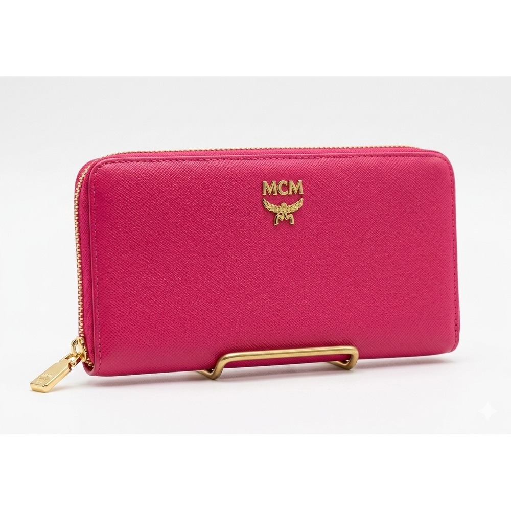MCM Pink Saffiano Leather Zip Around Continental Wallet Gold Logo Plaque